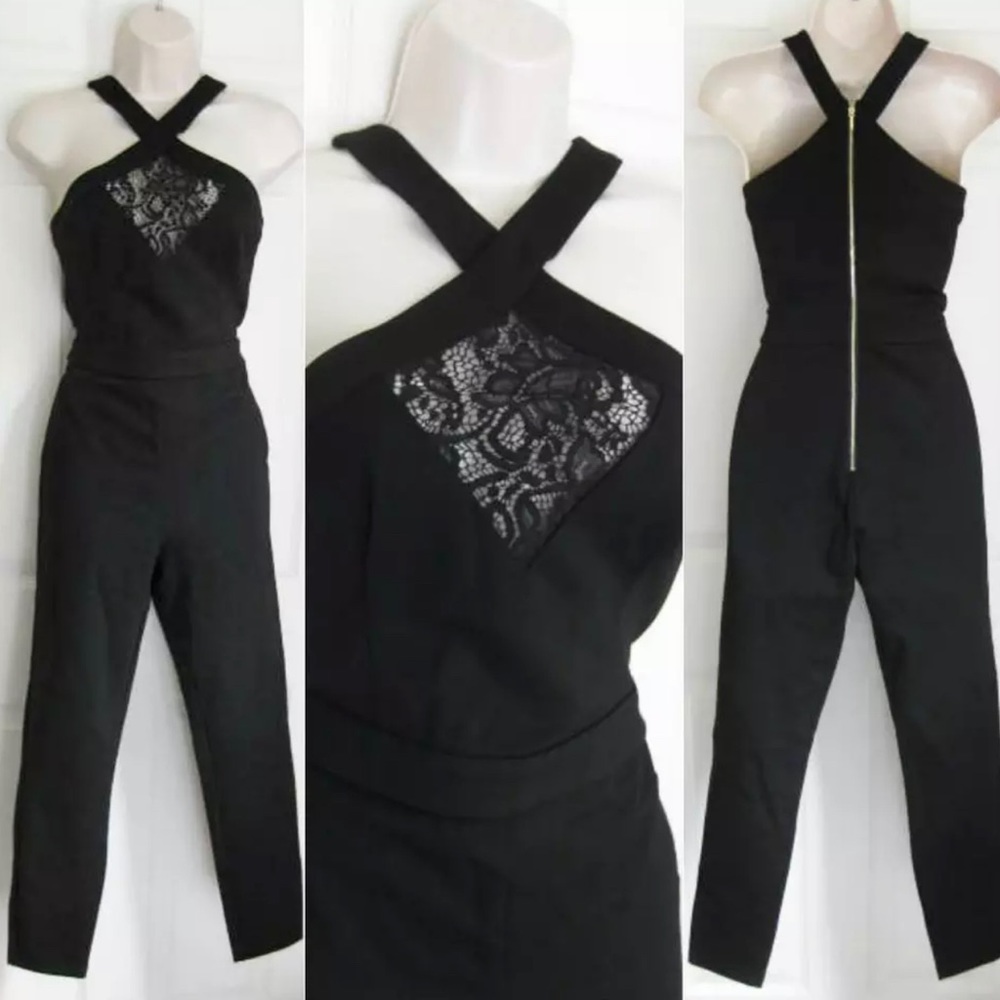 BEBE BLACK TIANNA LACE INSET HALTER JUMPSUIT CATSUIT NWT NEW XSMALL